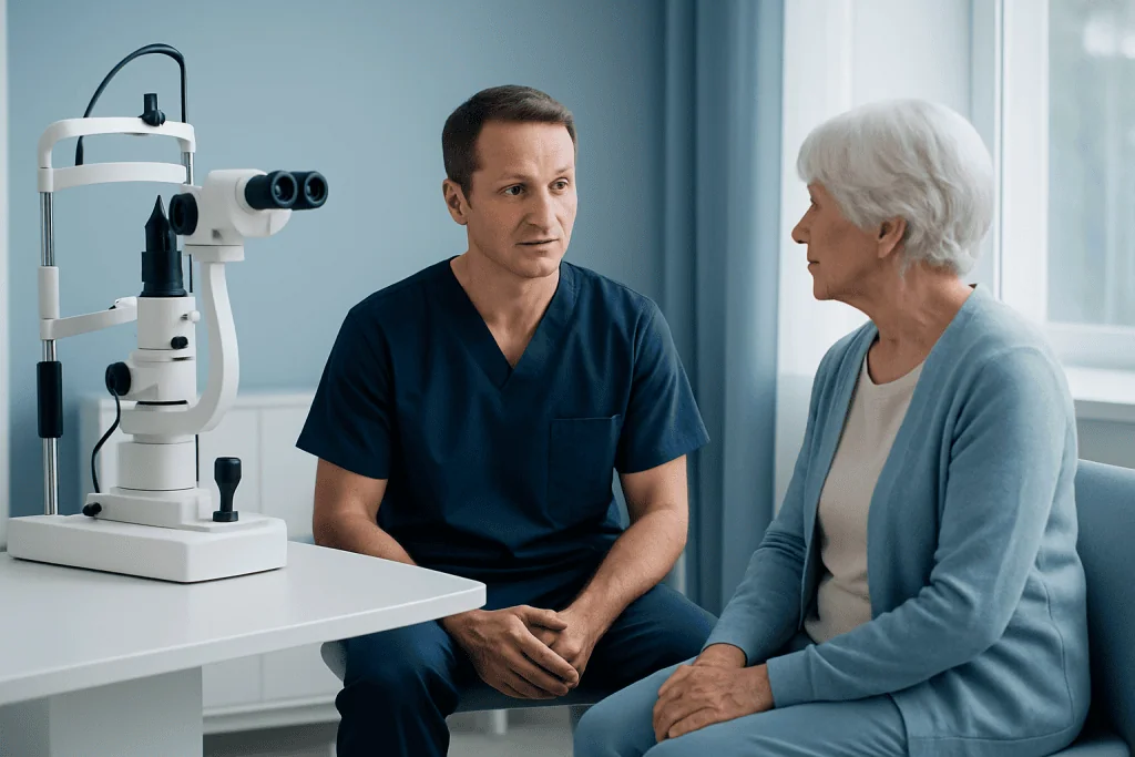 Ophthalmologist consulting elderly patient about eye health.