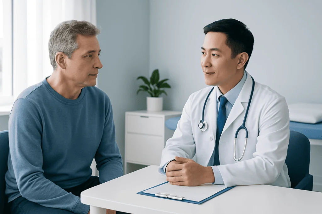 Doctor consulting with a patient in a modern medical office.
