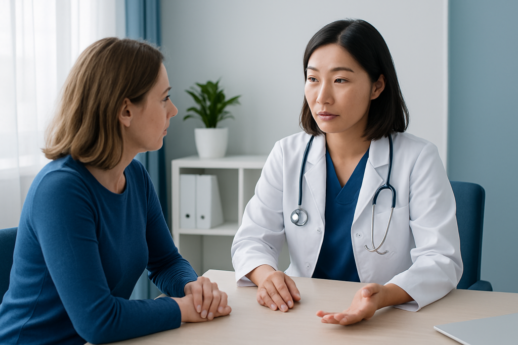 Doctor consulting with a patient about stubby thumb surgery options.