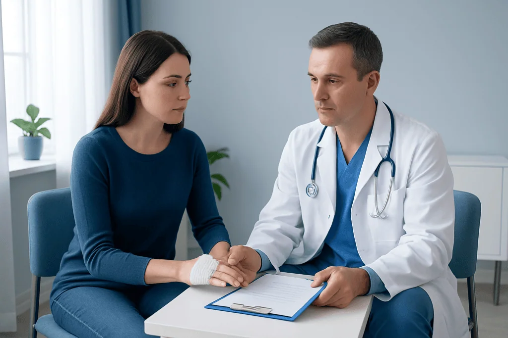 Doctor consulting with a patient about finger amputation recovery.