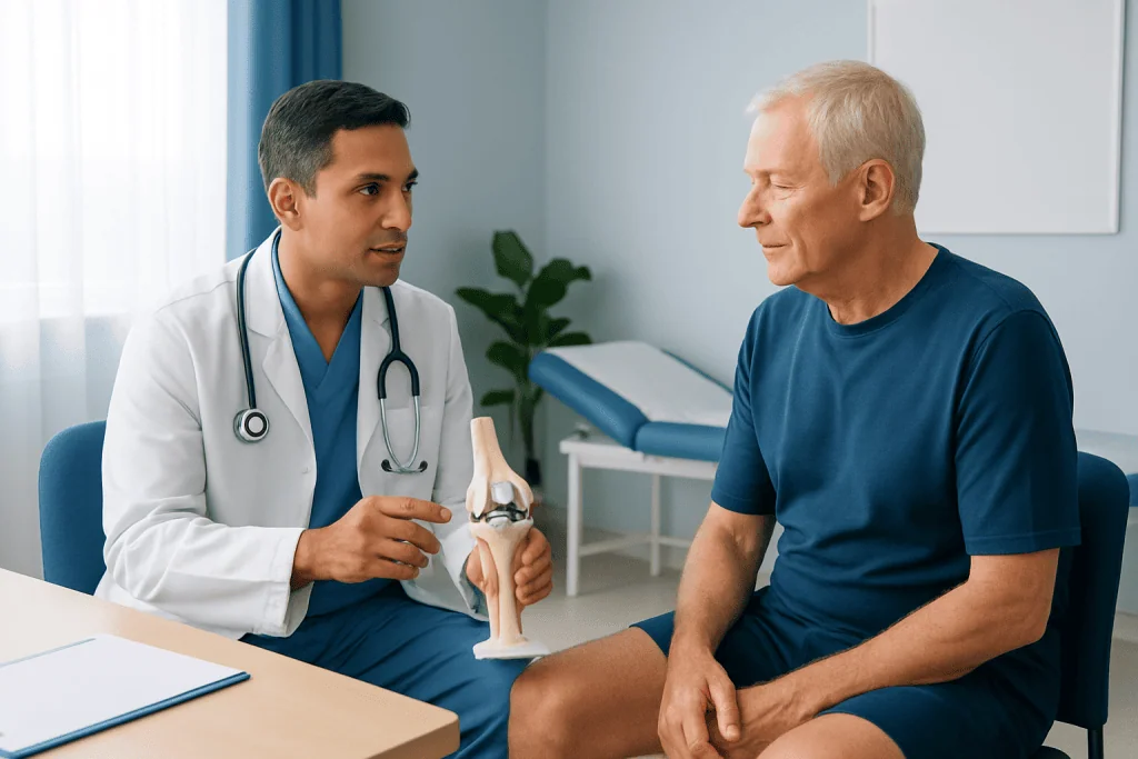 Orthopedic doctor explaining knee joint model to senior male patient.