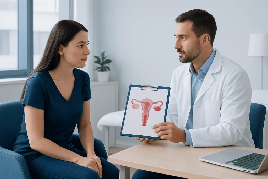 Gynecologist explains endometrioma removal to patient with uterine diagram.