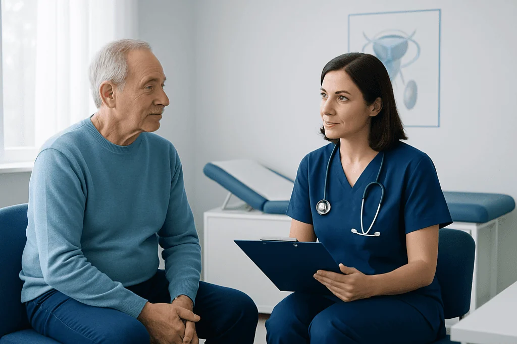 Doctor consulting with an elderly male patient in a hospital room.