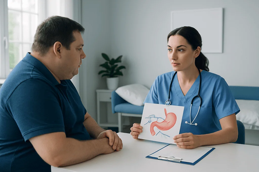 Doctor explains gastric surgery to patient with stomach diagram.