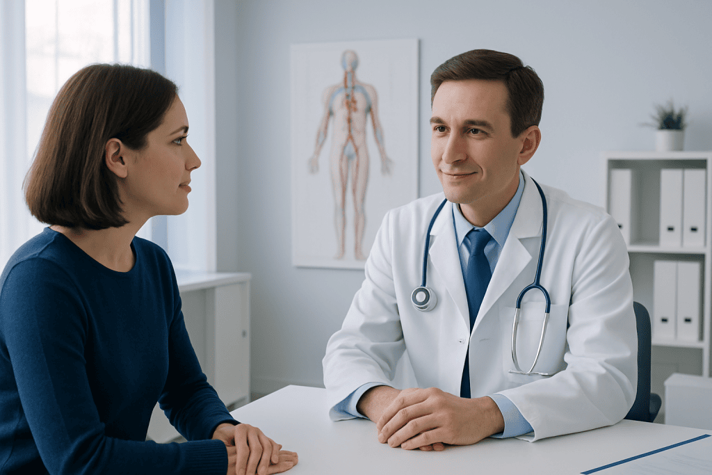 Doctor consulting with a patient in a medical office with anatomical chart in background.