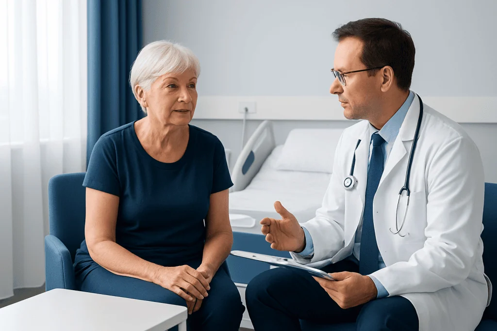 Doctor consulting with elderly woman in hospital room.