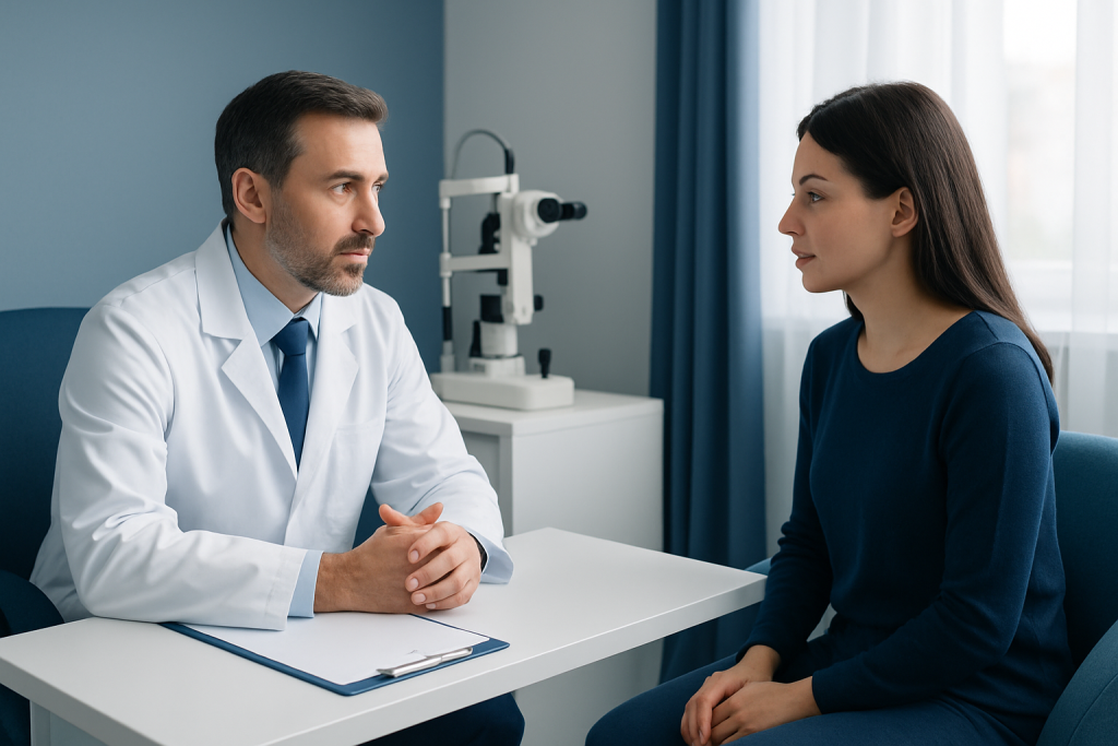 Doctor consulting with a patient in a medical office setting.
