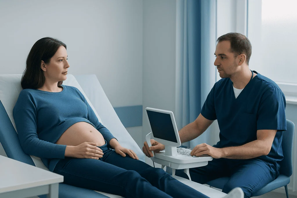 Pregnant woman consulting with doctor in hospital room.