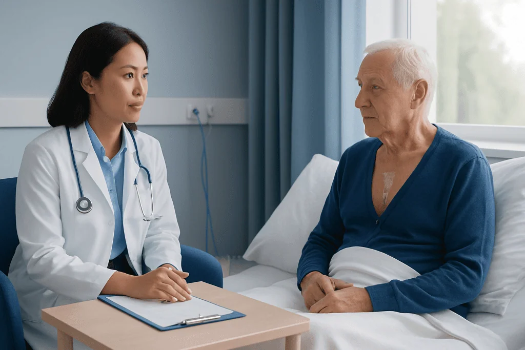 Doctor consulting with elderly patient in hospital room after heart surgery.