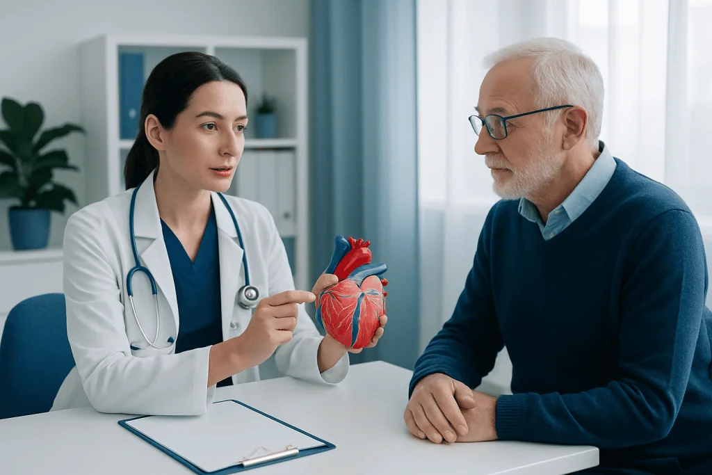 Cardiologist explaining heart model to senior patient in clinic setting.