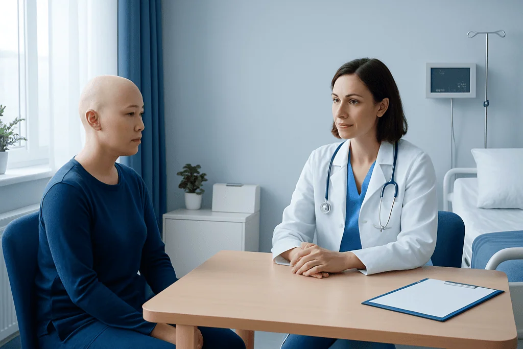 Doctor consulting patient in hospital room for stem cell transplant care.