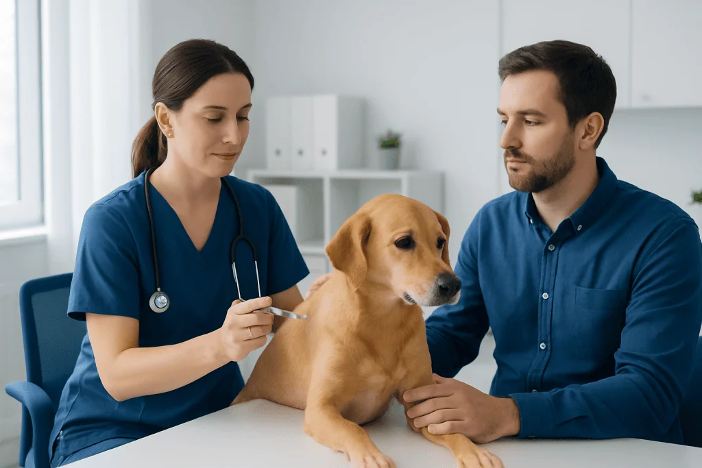 Veterinarian administering rabies vaccine to a dog at a veterinary clinic.