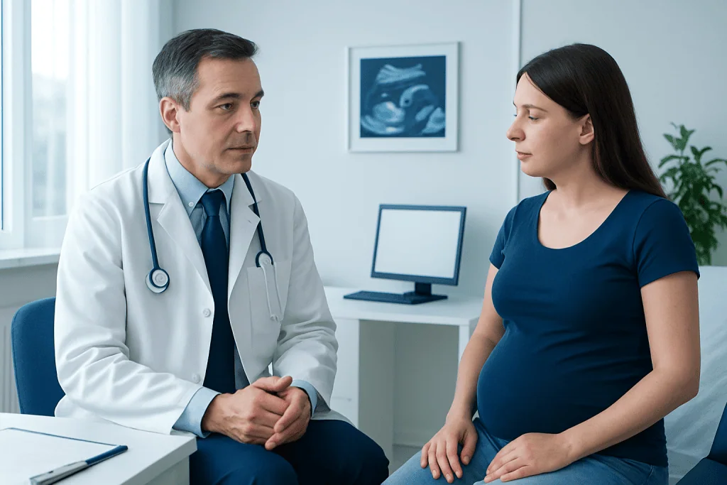 Doctor consulting pregnant woman in a medical office.