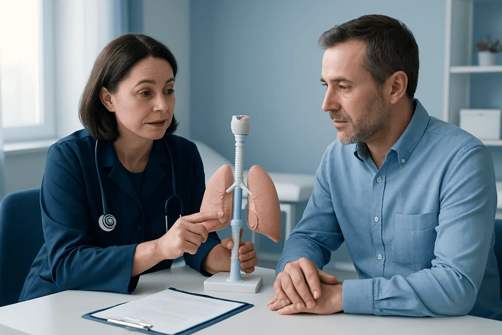 Doctor explaining tracheal surgery to patient with model of trachea and lungs.