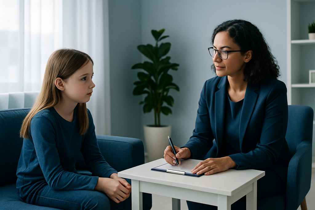 Child and therapist during childhood anxiety therapy session in a modern clinic.