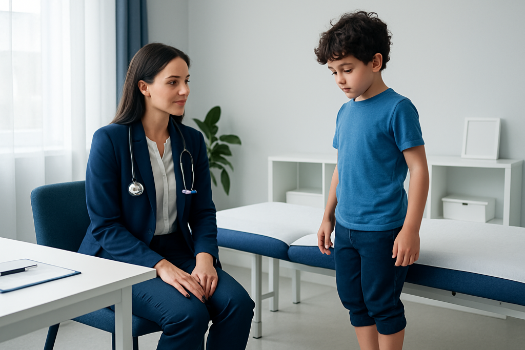 Pediatric consultation for toe walking therapy with doctor and child in clinic.