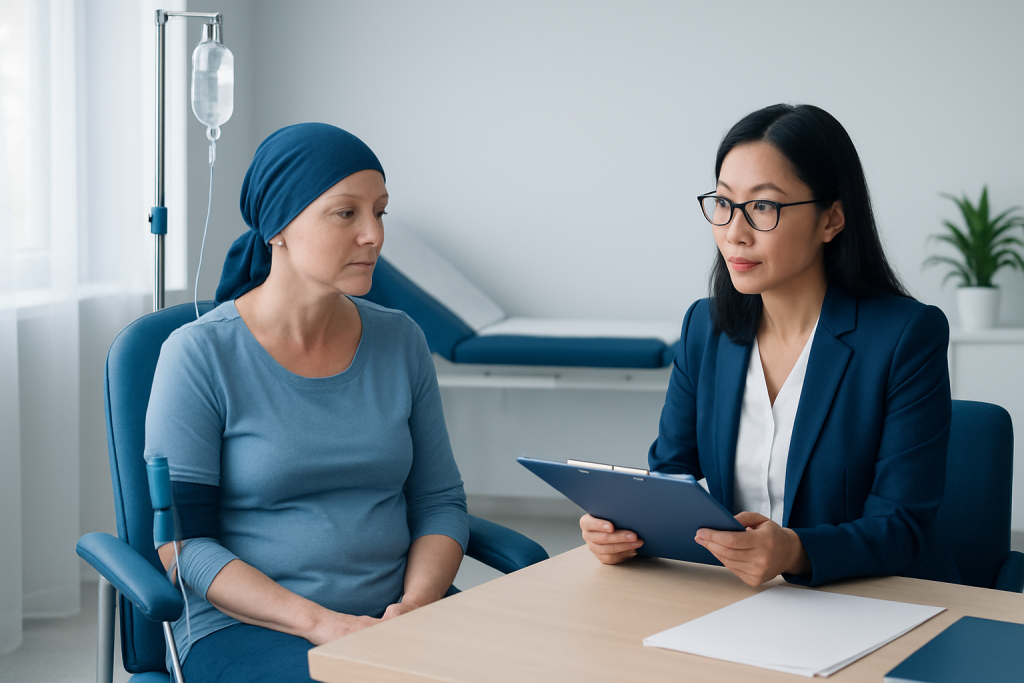 Patient and doctor discussing treatment in a hospital room.