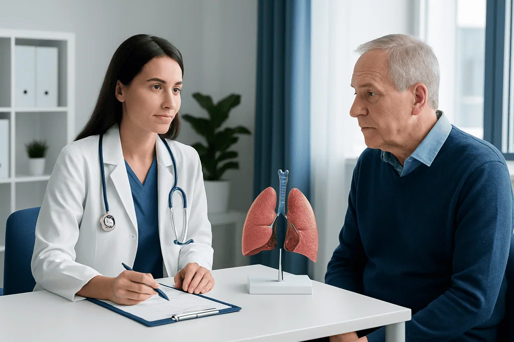 Doctor discussing lung health with patient in a consultation room.
