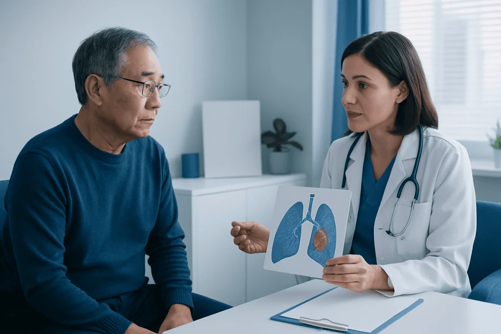 Doctor explaining lung scan to senior patient in a medical consultation.