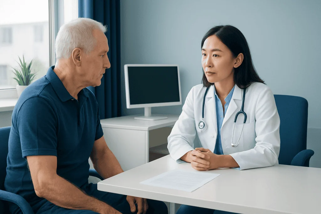 Doctor consulting with an elderly male patient in a medical office.