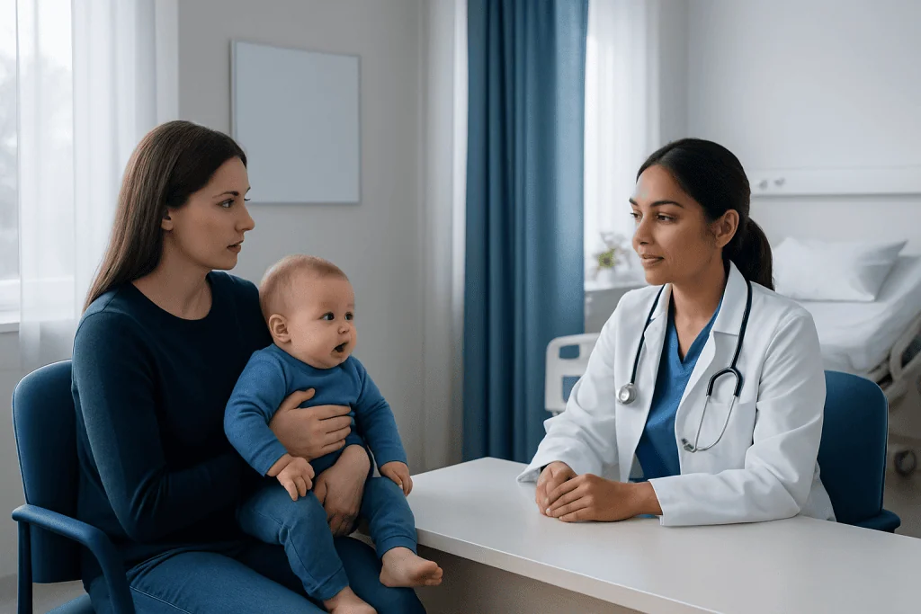 Doctor consulting mother and baby in hospital room.