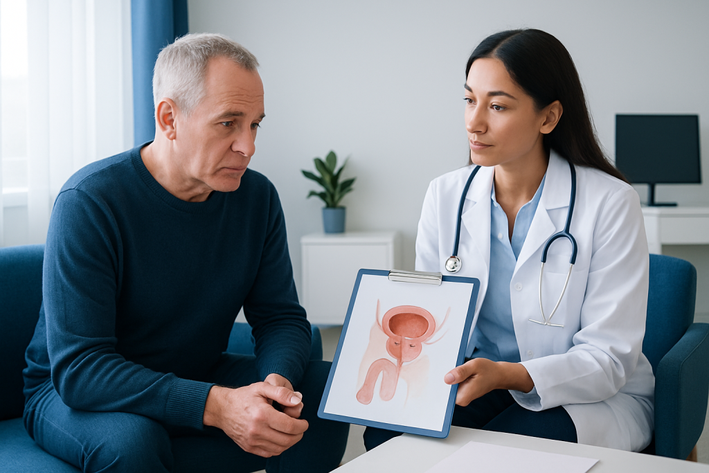 Urologist explaining prostate anatomy to patient in consultation room.