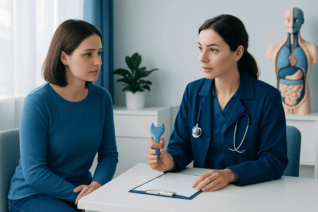Doctor explaining thyroid health to patient in a medical consultation.