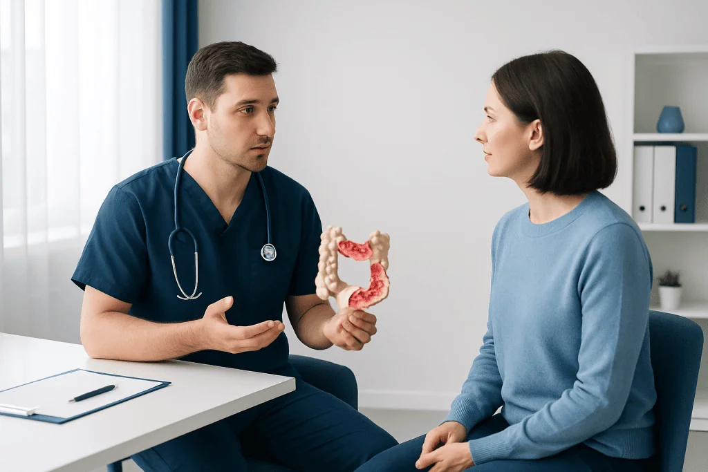 Doctor explaining colon model to patient in consultation room.