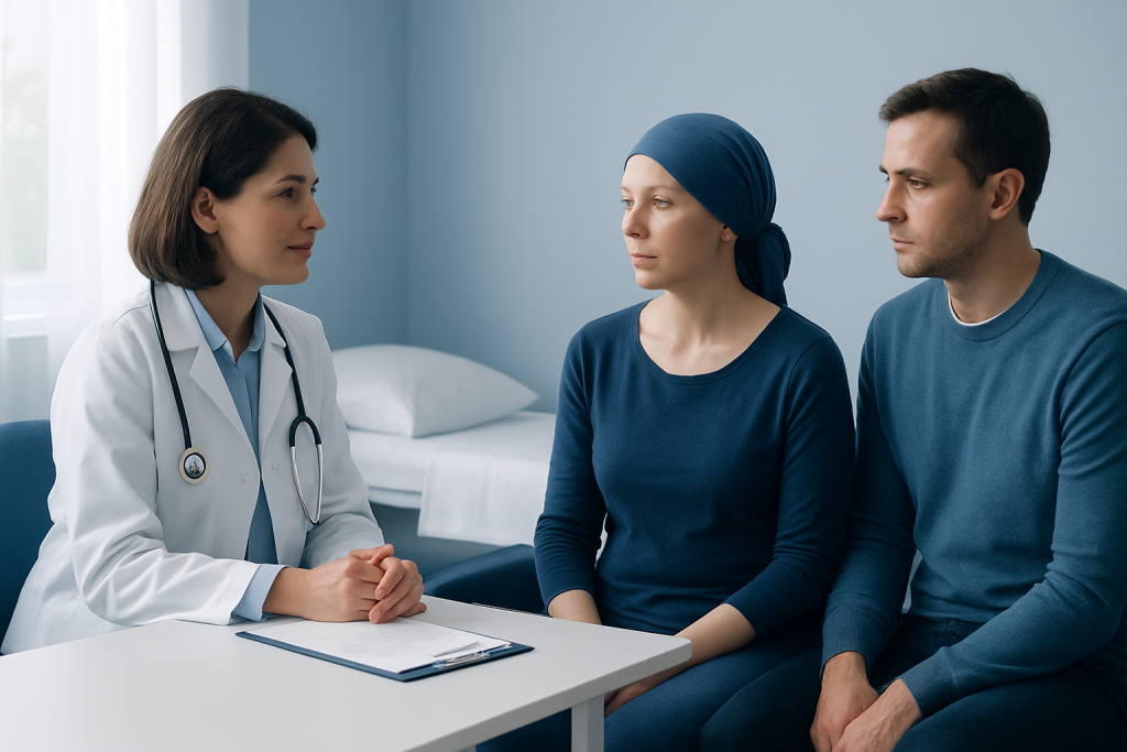 Doctor consulting cancer patient in a hospital setting.