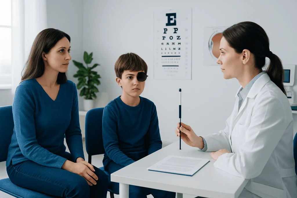 Optometrist explains vision test results to a mother and son in a clinic.