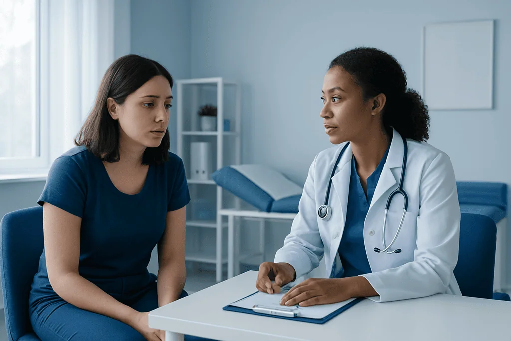 Doctor consulting with a young woman in a medical office.