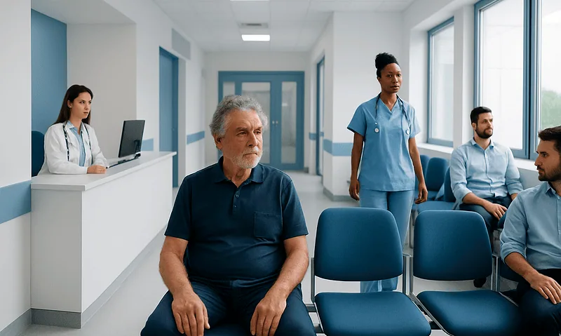 Patient waiting in a hospital corridor with medical staff nearby.