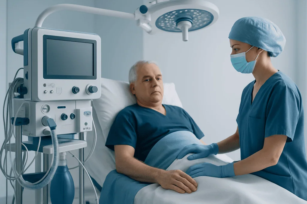 Patient in hospital bed with healthcare professional during medical examination.