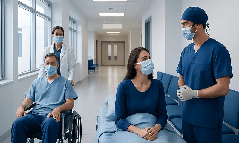 Hospital staff and patient in a medical consultation room wearing masks.