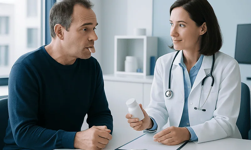 Doctor explaining medication to a patient in a clinic setting.
