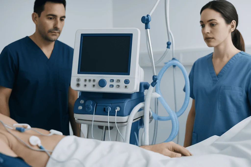 Medical professionals monitoring patient with ventilator in hospital.