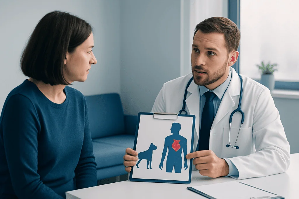 Doctor explaining heart health to a woman with a diagram of the human heart.
