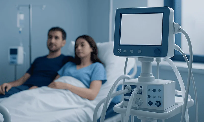 Patient in hospital bed connected to medical monitoring equipment.