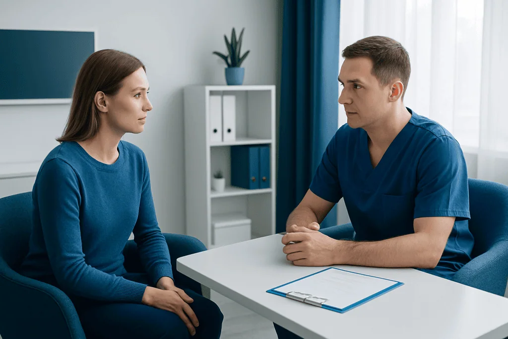 Doctor consulting with a patient in a modern medical office.