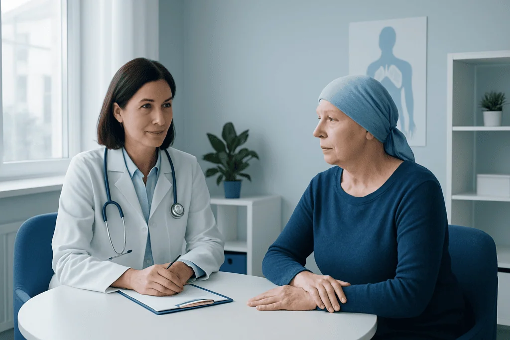 Doctor consulting with a patient in a modern hospital room.