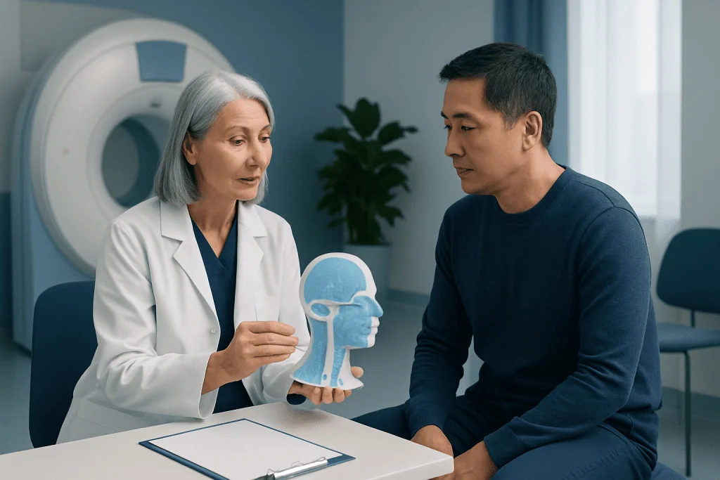 Doctor explaining brain scan to patient in a medical consultation.