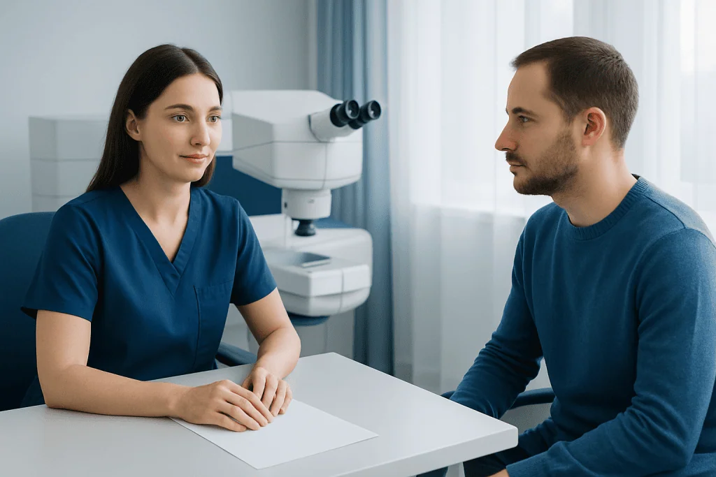 Patient consulting with ophthalmologist before laser eye surgery at Acibadem Hospital.