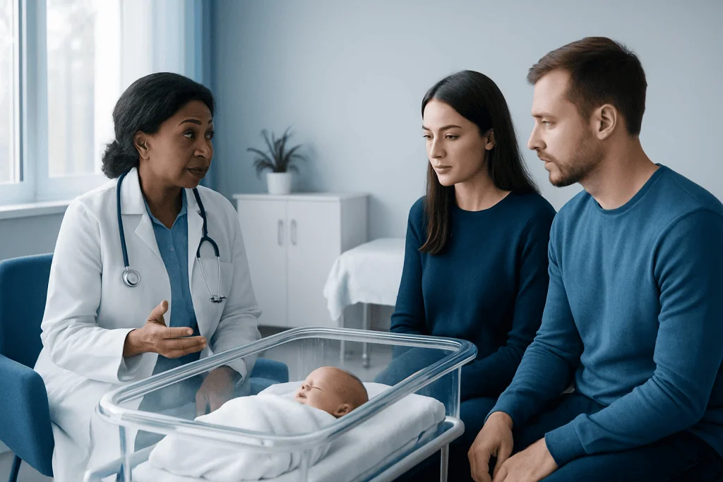 Doctor discussing newborn care with parents in hospital room.