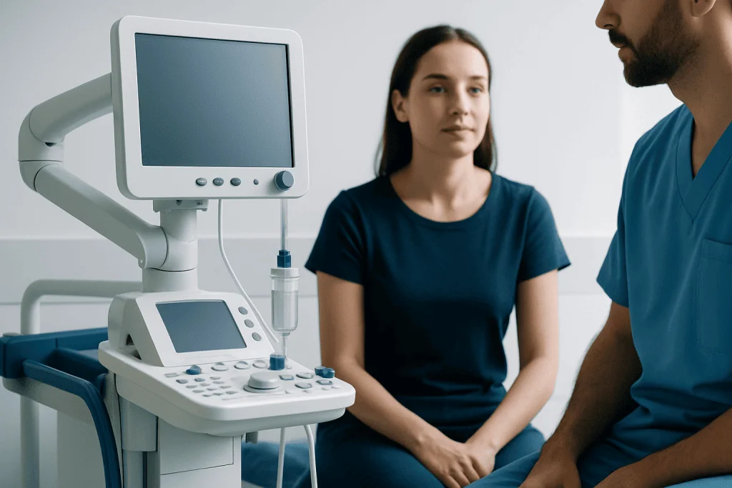 Medical consultation with ultrasound equipment at a hospital.