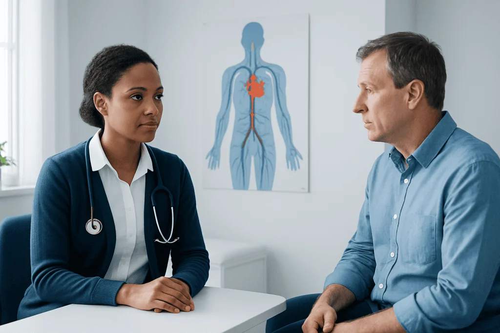 Doctor and patient discussing cardiovascular health in a medical consultation room.