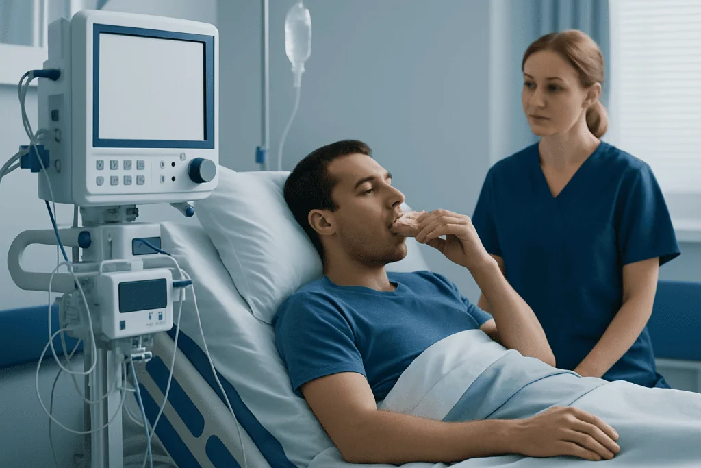 Patient eating in hospital bed with medical monitor nearby.
