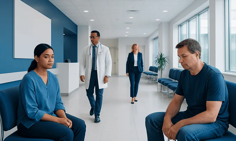 Patients in a hospital waiting area with medical staff present.