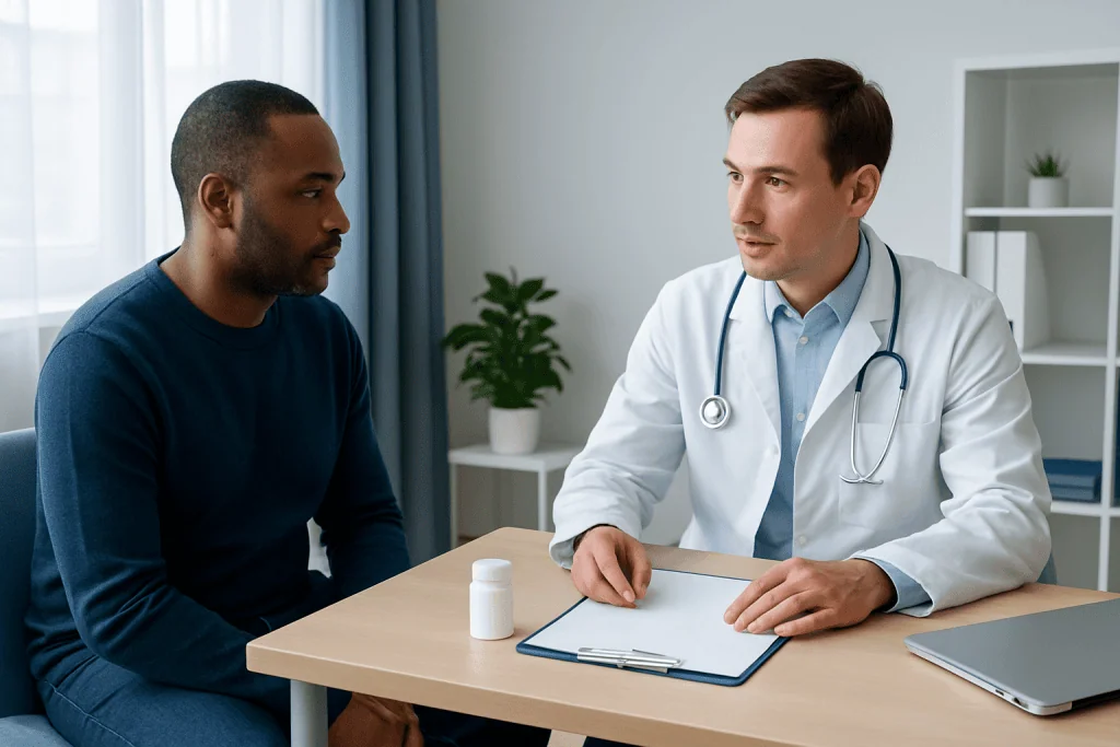 Doctor consulting with male patient in a modern clinic setting.
