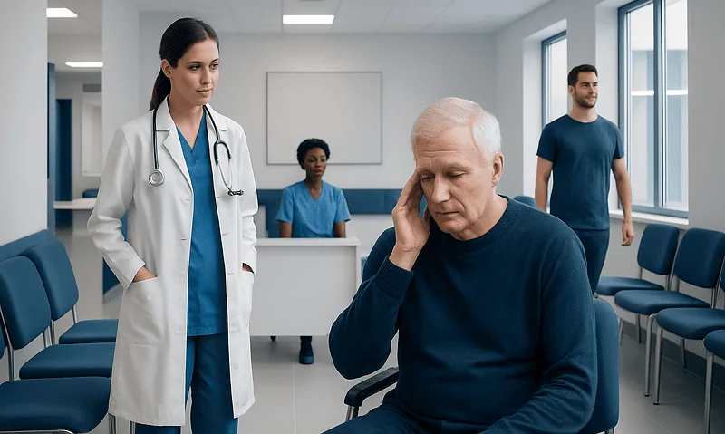Patient experiencing headache in hospital waiting area with medical staff nearby.