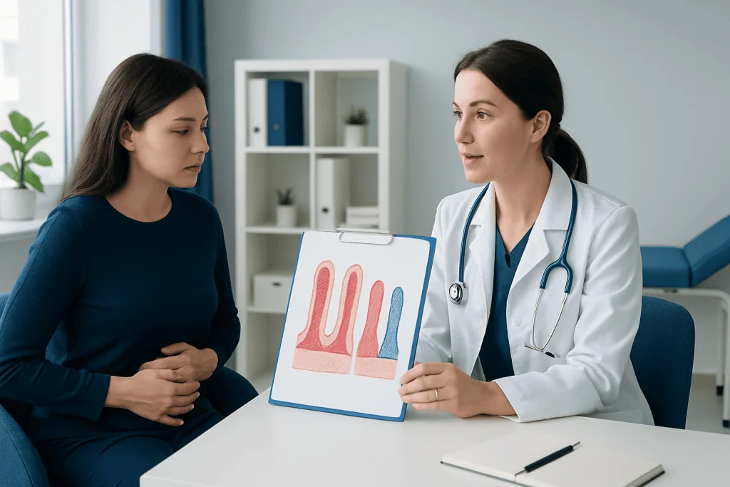 Doctor explaining villi and villus structure to patient in a medical consultation.